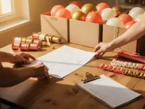 Party planner's hands spreading a handwritten calculation sheet on a wooden table surrounded by wholesale latex balloons, ribbon spools, and garlands.