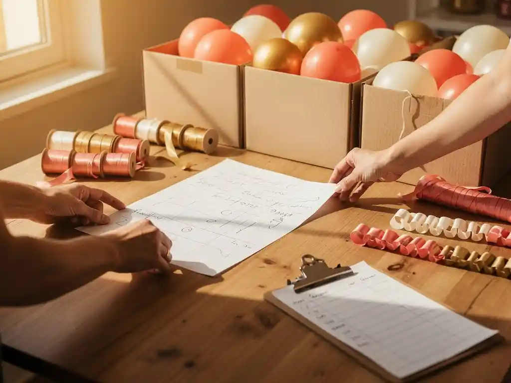 Les mains d'un organisateur d'événements étalent une feuille de calcul manuscrite sur une table en bois, entourée de Ballons latex vendus en gros, de bobines de ruban et de guirlandes.