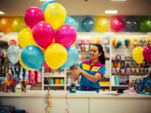 Een medewerker van een feestartikelenwinkel die aan een toonbank kleurrijke magenta, gele en blauwe latexballonnen opblaast, met krullende linten.