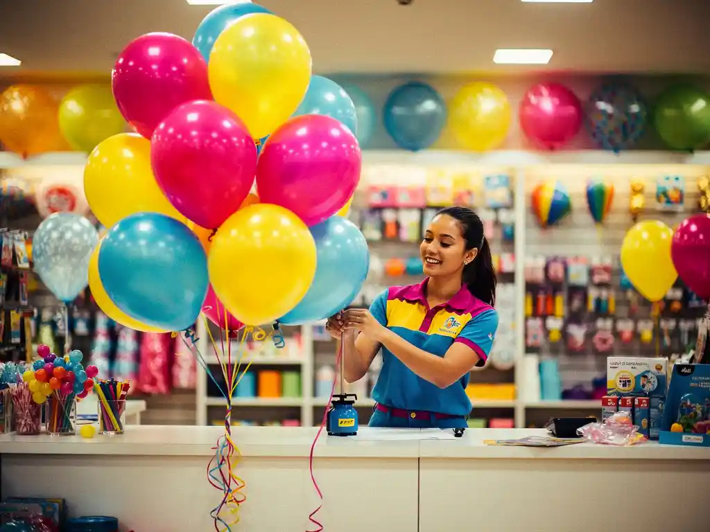 Party store employee inflating colorful magenta, yellow, and blue latex balloons at a retail counter with curling ribbons.