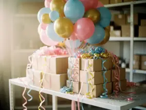 Centro de mesa con globos de colores, ramos de cintas en tonos rosa pastel, dorado y azul cielo, y cajas de artículos de fiesta rebosantes de serpentinas sobre una estantería de almacén.