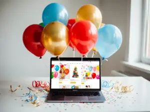 Kleurrijke latex- en Folieballonnen rood, goud en blauw zweven boven een laptop waarop een website met feestartikelen te zien is, met krullende linten en confetti op een witte tafel.