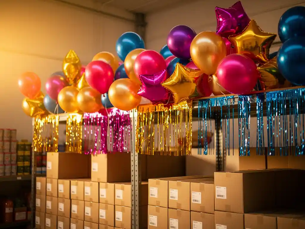 Colorful latex and foil star balloons, metallic streamers, and wholesale party supply boxes stacked on a warehouse shelf in fuchsia, gold, and cobalt blue.