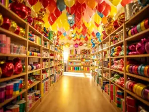 Colorful party supplies store aisle lined with balloon clusters, ribbon rolls, and festive decorations on wooden shelves under warm golden lighting.