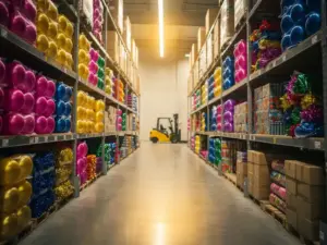 Warehouse shelves stocked with magenta, gold, and cobalt latex balloons, metallic streamers, and boxed party supplies, with a forklift in the background.
