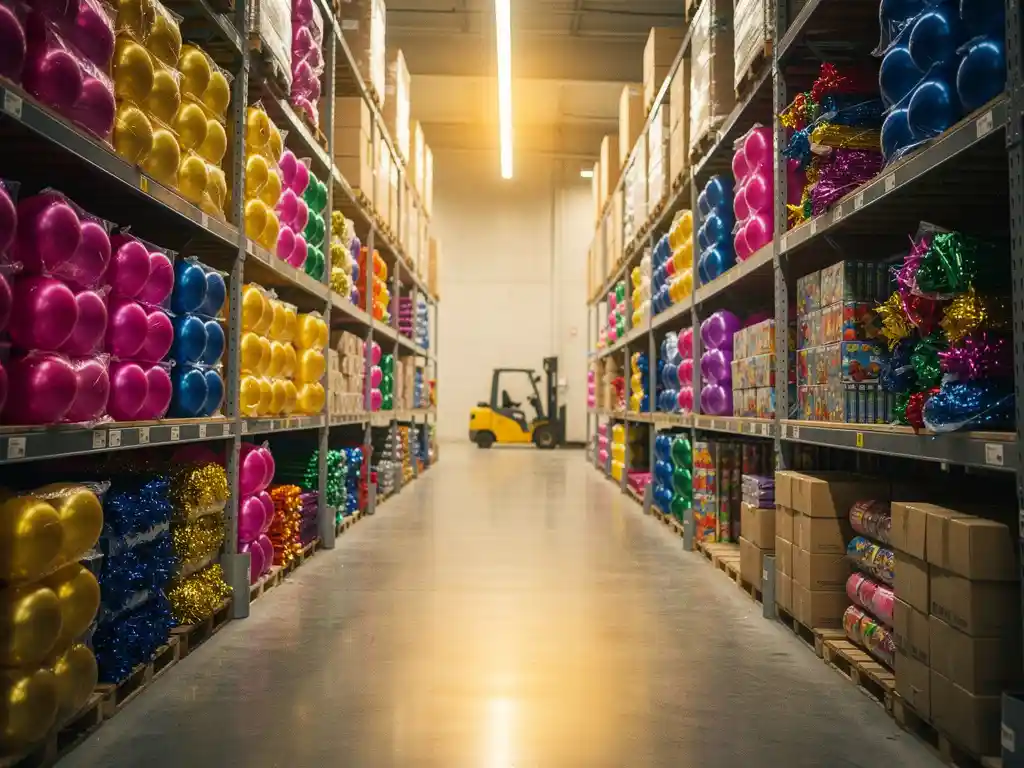 Warehouse shelves stocked with magenta, gold, and cobalt latex balloons, metallic streamers, and boxed party supplies, with a forklift in the background.