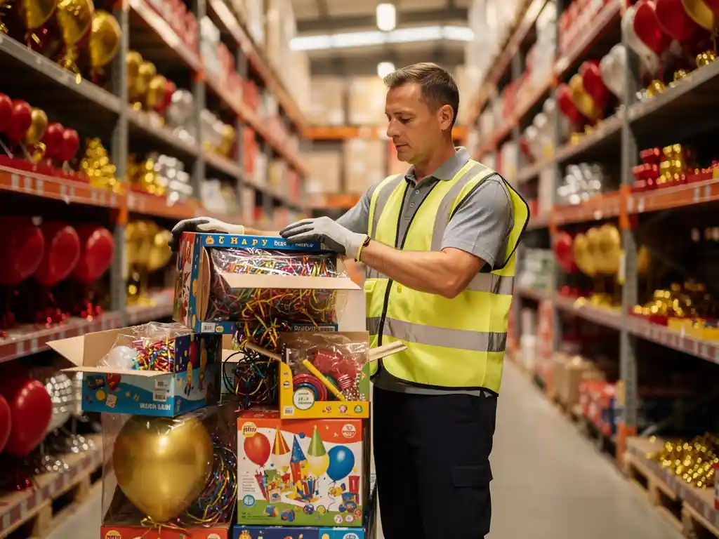 Un empleado de almacén apilando cajas de colores con artículos para fiestas, entre los que se ven globos y serpentinas; al fondo, altas estanterías metálicas repletas de artículos festivos.
