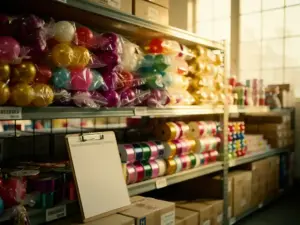 Almacén mayorista repleto de artículos para fiestas a granel, como lotes de globos, rollos de cinta y adornos festivos en magenta y dorado.