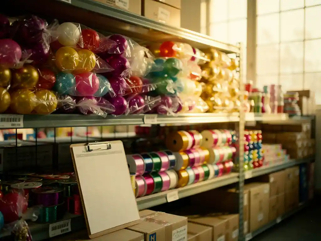 Wholesale warehouse shelf stocked with bulk party supplies including balloon bundles, ribbon rolls, and festive decorations in magenta and gold.