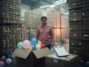Party supply buyer surrounded by towering stacks of mismatched balloon boxes in a cluttered warehouse, deflated latex balloons spilling from an open cardboard box.