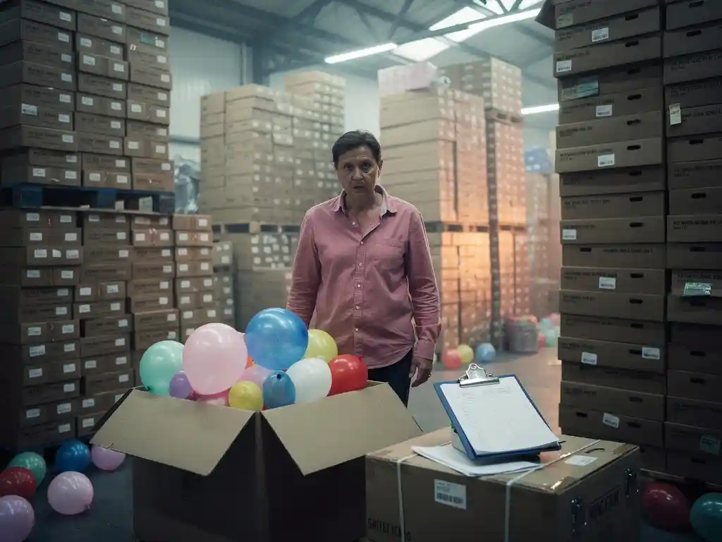 Party supply buyer surrounded by towering stacks of mismatched balloon boxes in a cluttered warehouse, deflated latex balloons spilling from an open cardboard box.