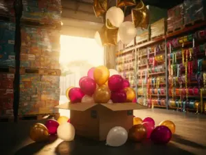 Almacén mayorista de artículos para fiestas con globos de látex en tonos magenta, dorado y blanco que se desbordan de una caja, globos metálicos colgando del techo y serpentinas en estanterías industriales.
