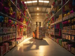 Warehouse shelves stacked with metallic foil balloons, boxed decorations, and streamers, with a forklift moving pallets under warm industrial lighting.