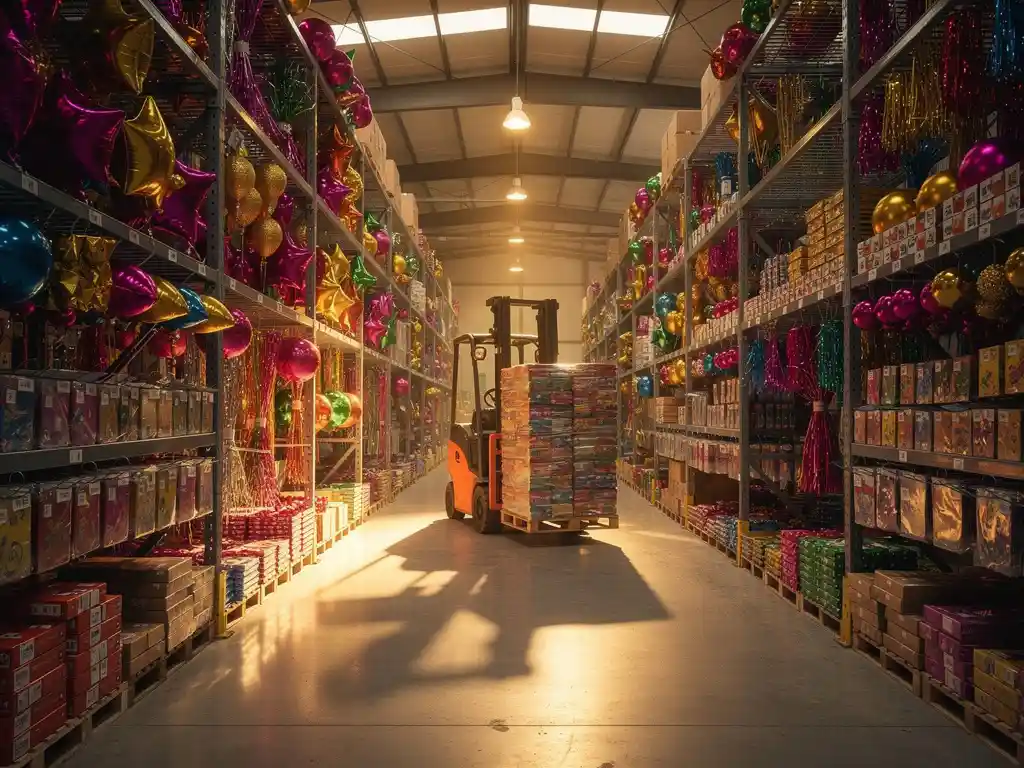Warehouse shelves stacked with metallic foil balloons, boxed decorations, and streamers, with a forklift moving pallets under warm industrial lighting.