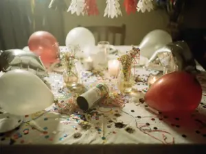 Party table with deflated foil balloons, overturned confetti cannon, silly string on centerpieces, and scorch marks near paper decorations.