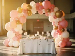 Een ballonnenboog in pastelroze, wit en goud omlijst een elegante evenemententafel met confetti en kaarsen in een zonovergoten feestzaal.