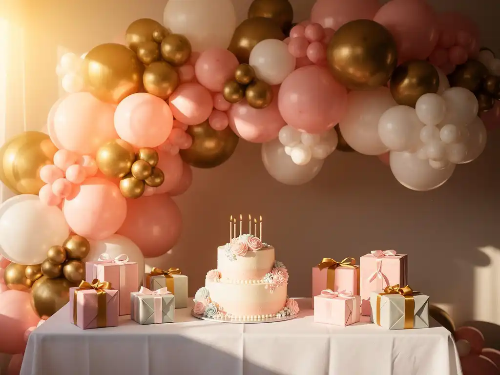 Une guirlande de ballons rose pastel, Or et blancs qui retombe en cascade sur une table d'anniversaire où trônent des cadeaux emballés et un gâteau à étages illuminé par des bougies.