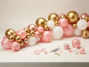 Een set voor het maken van een ballonslinger in pastelroze, goud en wit, elegant in een boog opgesteld, met een pompje en lintrollen op een wit presentatievlak.
