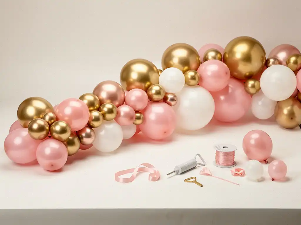 Pastel pink, gold, and white balloon garland kit arranged in an elegant arc with a pump and ribbon spools on a white display surface.