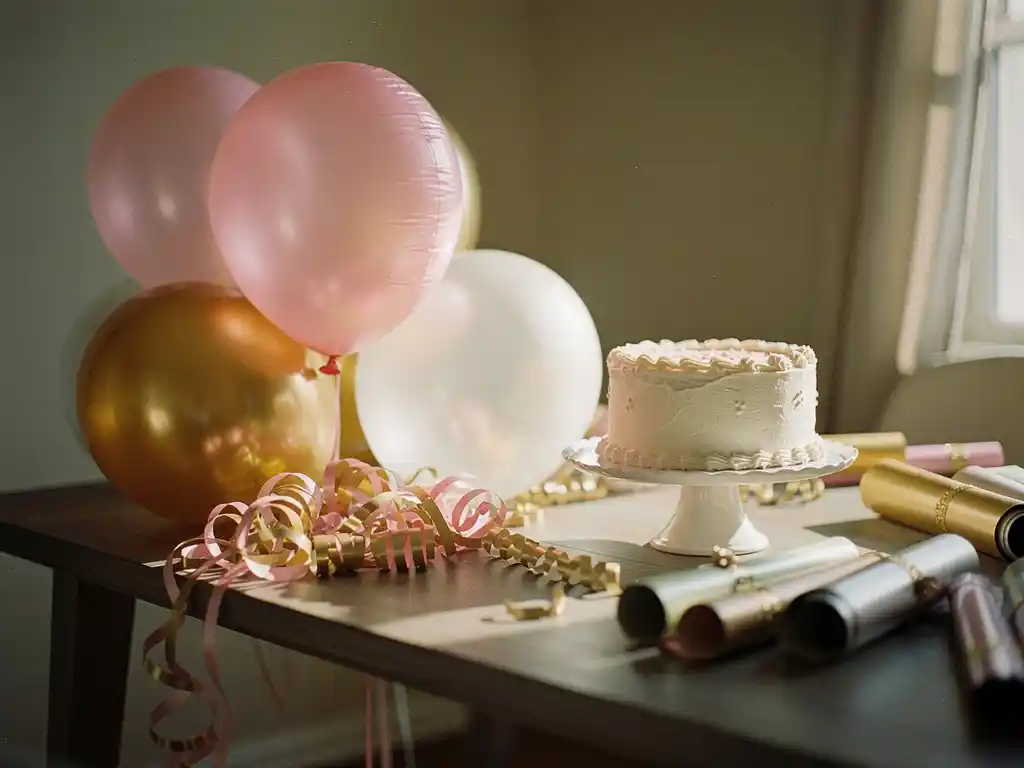 Deflated pastel pink, gold, and white balloons sagging over a party table with untouched cake, ribbon curls, and streamers in soft window light.