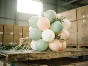 Pastel latex balloon cluster tied with natural twine on a rustic warehouse shelf, in sage green, blush, and cream tones with soft diffused light.
