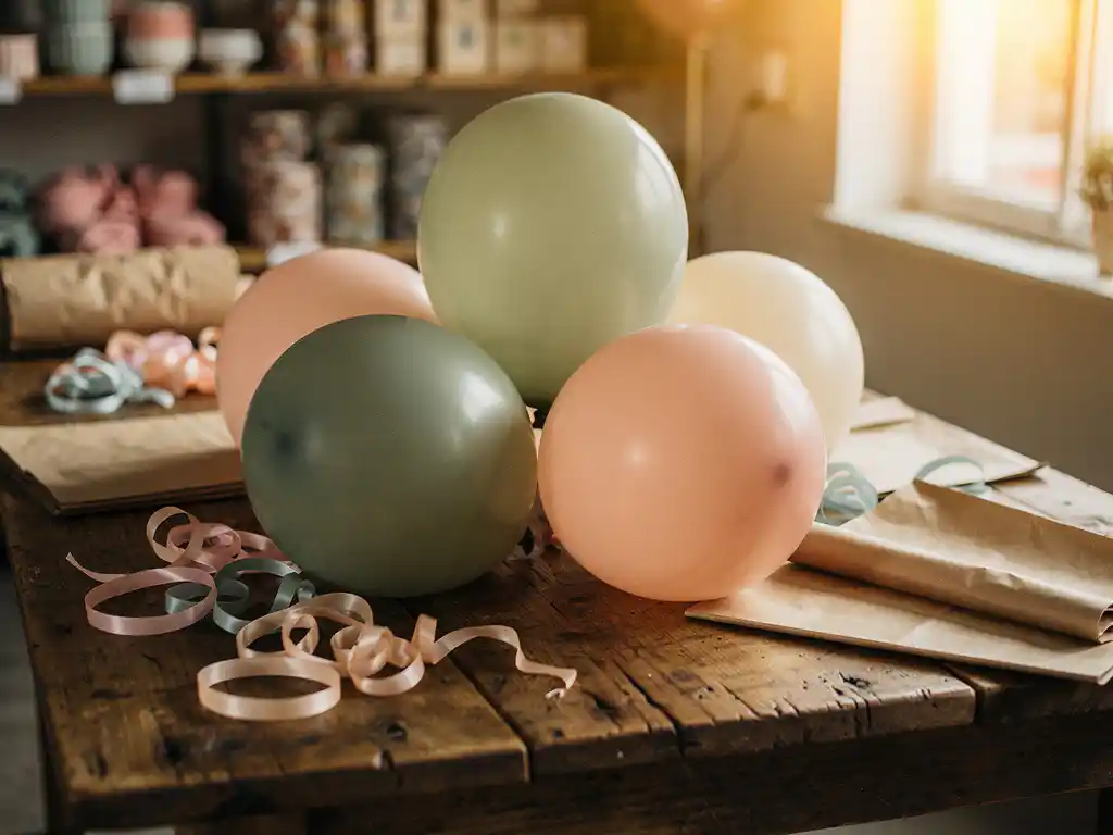 Pastel biodegradable latex balloons on a rustic wooden table surrounded by kraft paper and ribbon in a warmly lit party supply store.