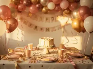 Pastel birthday party tablescape with rose and gold balloons, decorated cake, coordinated plates, confetti, and ribbon curls in warm golden light.