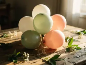 Pastelkleurige latexballonnen, met touw vastgebonden op een verweerde houten tafel, omringd door groene bladeren en witte wilde bloemen in het warme licht van het gouden uur.