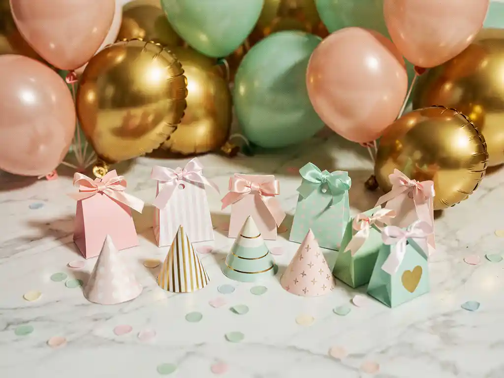 Artículos para fiestas en tonos pastel, como paquetes de mini globos, gorros de papel y bolsitas de golosinas atadas con cinta, sobre un fondo de mármol blanco con confeti.