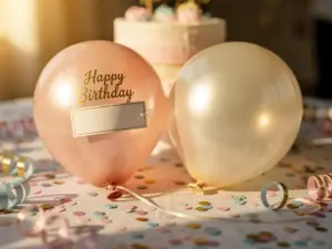 Personalized birthday balloon with custom name tag beside a plain balloon on a festive table with confetti, ribbon curls, and pastel cake in soft golden light.