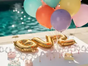 Des ballons aux couleurs pastel flottant au-dessus d'une table d'anniversaire installée au bord d'une piscine, avec des ballons en aluminium en forme de chiffres, des guirlandes et des bougies, au bord d'une eau turquoise.