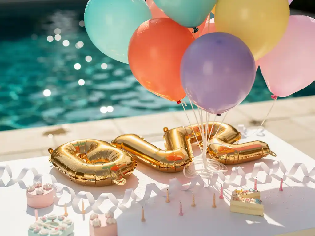 Pastel balloons floating above a poolside birthday party table with foil number balloons, garlands, and candles beside turquoise water.
