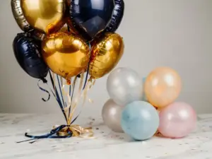 Een boeket van metallic gouden en marineblauwe folieballonnen met satijnen linten, naast eenvoudige pastelkleurige latexballonnen op wit marmer, met hier en daar wat zachte confetti verspreid.