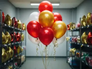 Rode, gouden en witte heliumballonnen, vastgebonden met krullint, zweven in de achterkamer van een feestartikelenwinkel naast Folieballonnen metalen rekken.