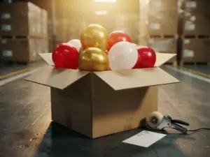 Cardboard shipping box overflowing with red, gold, and white latex balloons on a warehouse loading dock, tape gun and shipping label nearby.