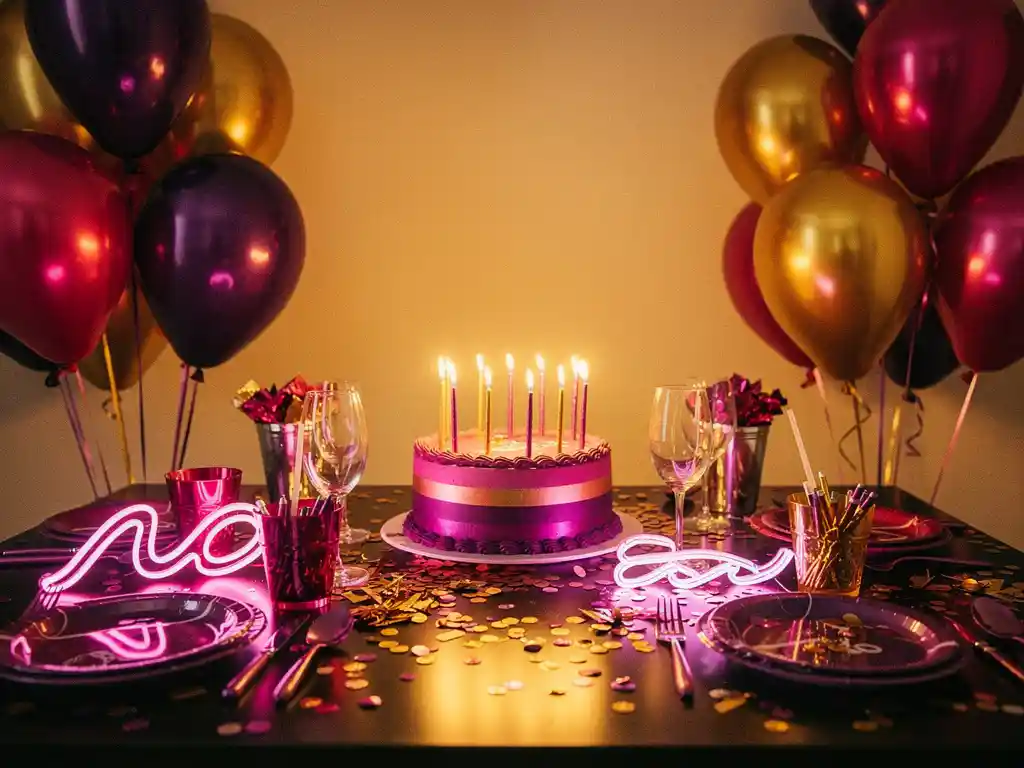 Des grappes de ballons métalliques, un gâteau d'anniversaire à étages avec des bougies et des confettis fluo Purpre, roses et Or une table sombre.