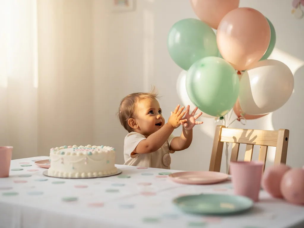 Toddler reaching for pastel pink and mint balloons tied to a wooden chair beside a small frosted birthday cake with confetti on white tablecloth.