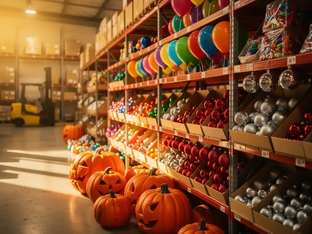 Warehouse shelf displaying Halloween pumpkins, Christmas baubles, and birthday balloons together under warm golden lighting with a forklift in the background.