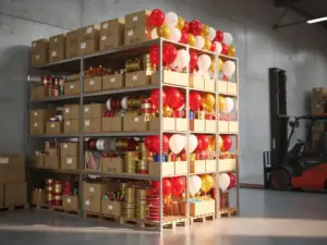 Towering warehouse shelves stocked floor-to-ceiling with bulk balloons, ribbon spools, and party supplies, with a forklift visible in the background.