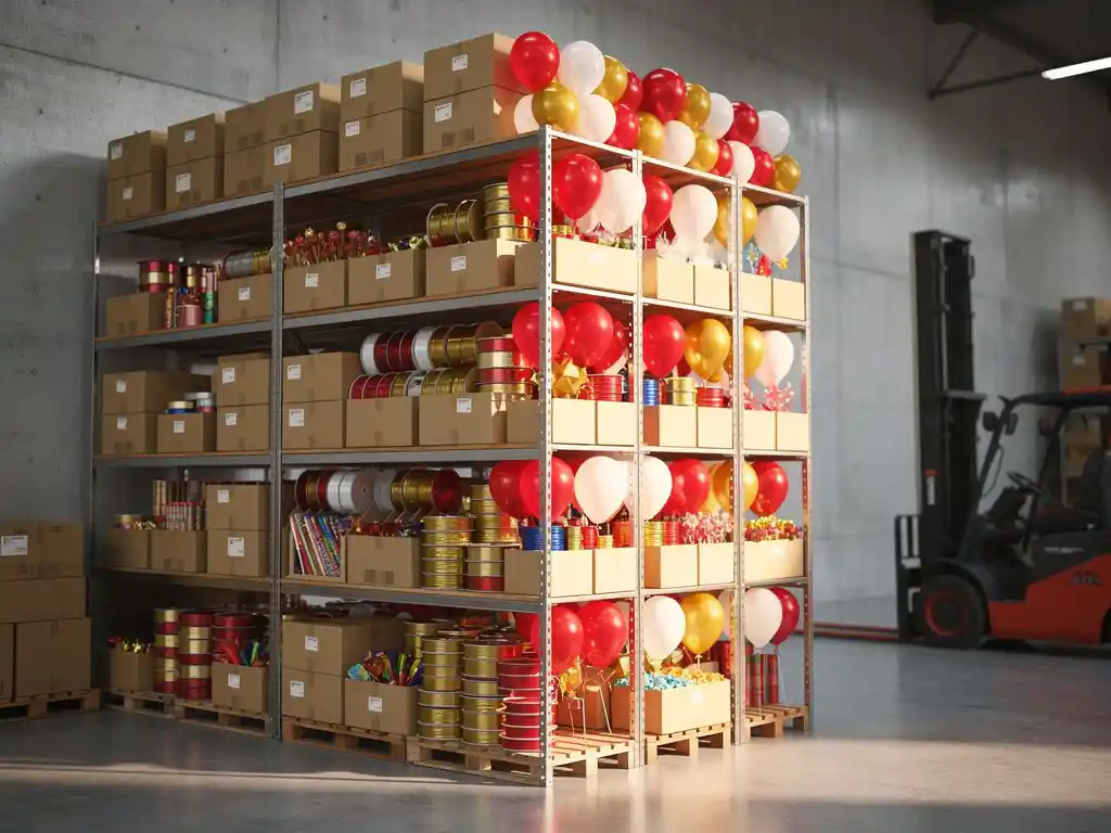 Estanterías gigantescas de un almacén repletas de globos a granel, bobinas de cinta y artículos para fiestas, con una carretilla elevadora visible al fondo.