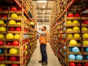 Warehouse worker organizing bulk shipments of red, yellow, and blue latex balloon boxes on tall industrial shelving.