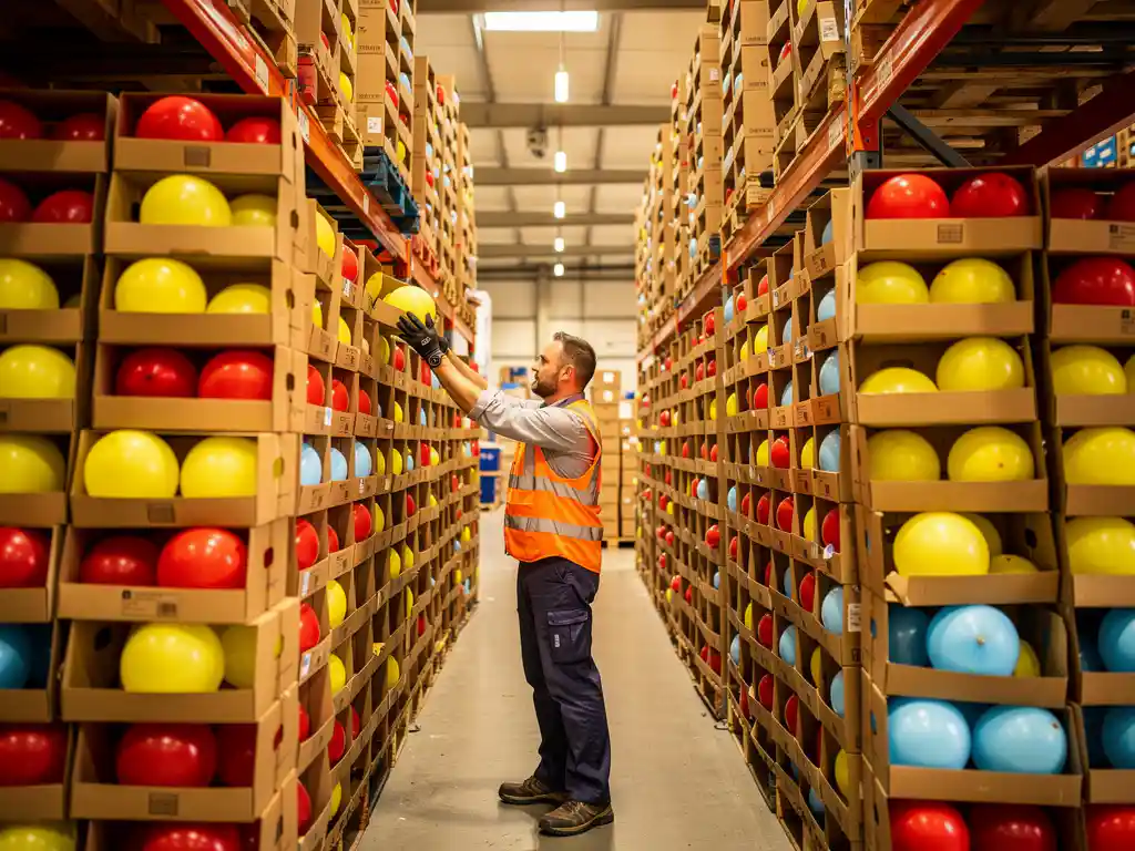 Un empleado de almacén organiza envíos a granel de cajas de globos de látex rojos, amarillos y azules en unas estanterías industriales altas.