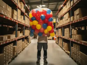 Warehouse worker lifting a large bag of colorful latex balloons with wholesale cardboard boxes stacked on metal shelving behind them.