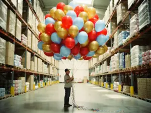 Warehouse worker lifting a large bundle of red, gold, and blue latex balloons inside a bulk party supply storage facility.