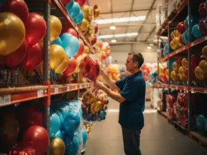 Warehouse worker organizing bundled red, gold, and blue latex and foil balloons on industrial shelving in a wholesale storage facility.
