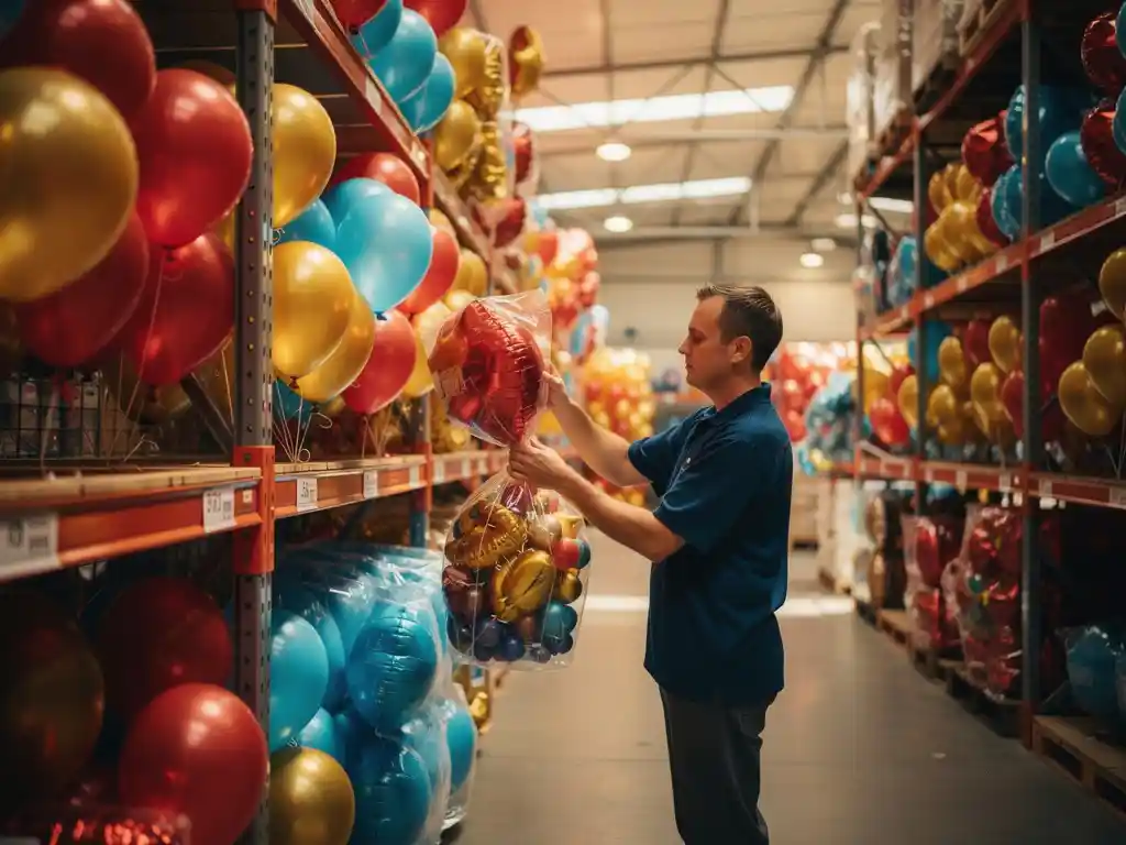 Warehouse worker organizing bundled red, gold, and blue latex and foil balloons on industrial shelving in a wholesale storage facility.