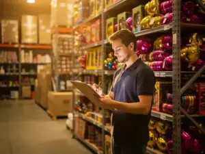 Un empleado de almacén revisa una lista de comprobación en un portapapeles junto a unas estanterías altas repletas de artículos para fiestas, globos y rollos de cinta.