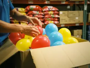 Warehouse worker sorting bulk red, yellow, and blue latex balloons from a large cardboard box, shelving stacked with packaged inventory in background.