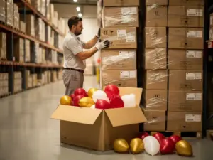 Warehouse worker stacking wholesale balloon assortment boxes on metal shelving, with red, gold, and white latex balloons spilling from an open carton.