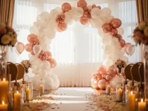 Een parelwitte en zachtroze bruiloftsballonnenboog die het gangpad voor de ceremonie bij kaarslicht omlijst, met rozenblaadjes en doorschijnende gordijnen in warme ivoorkleuren.